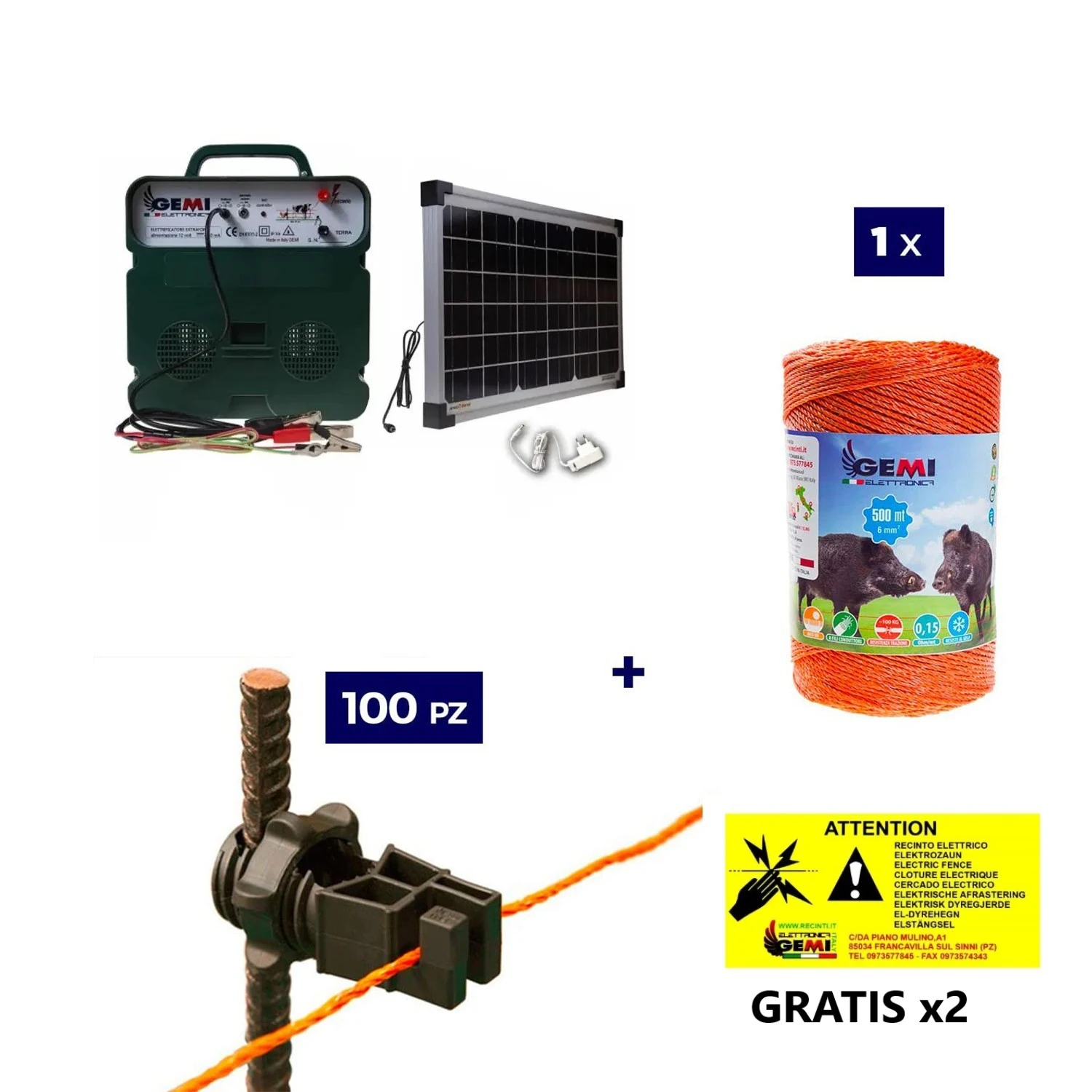 Elhegn komplet sæt med solpanel: 12V spændingsgiver og 500m 6mm² ledning til elektrisk hegn