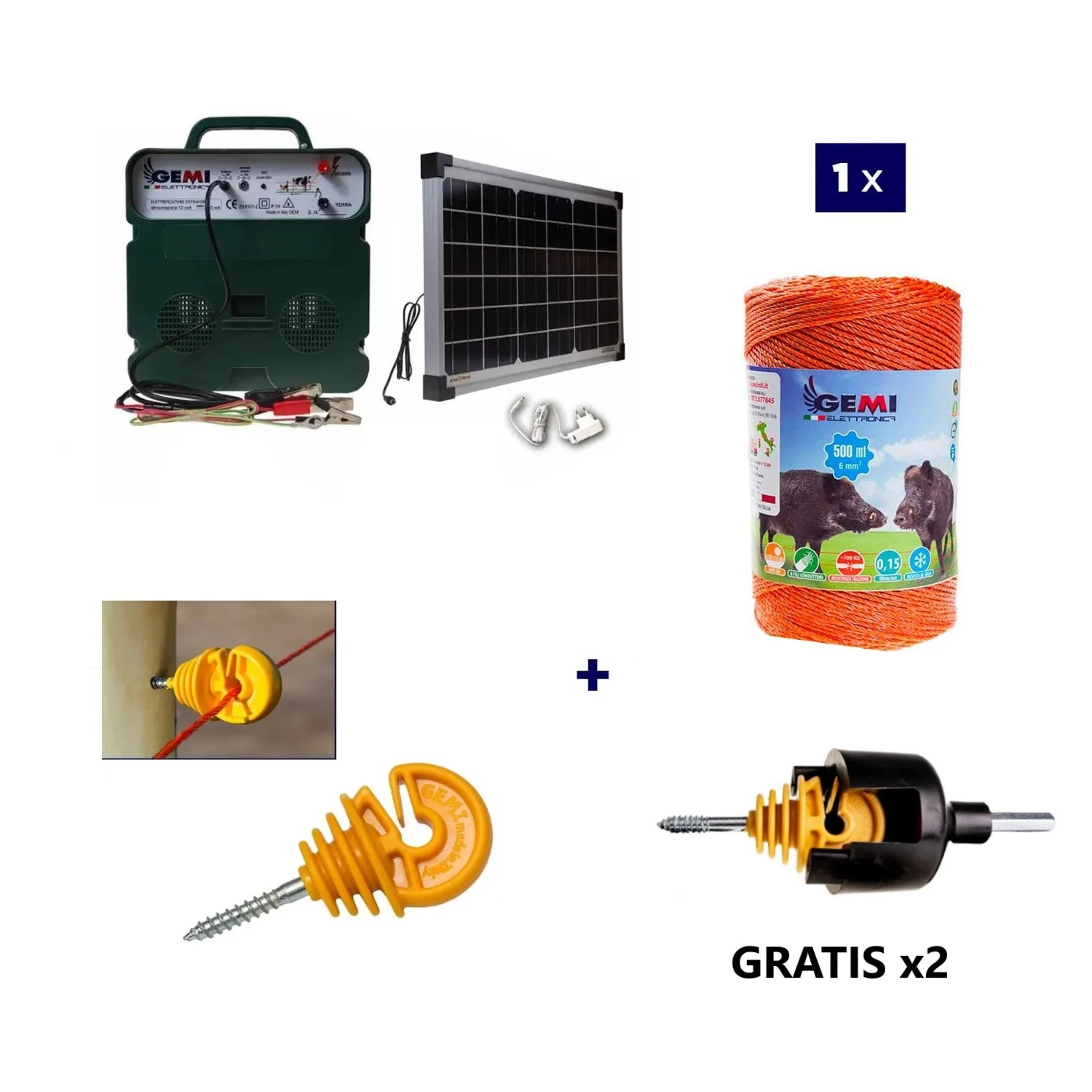 Elhegn komplet sæt med solpanel: 12V spændingsgiver og 500m 6mm² trætråd til elektrisk hegn